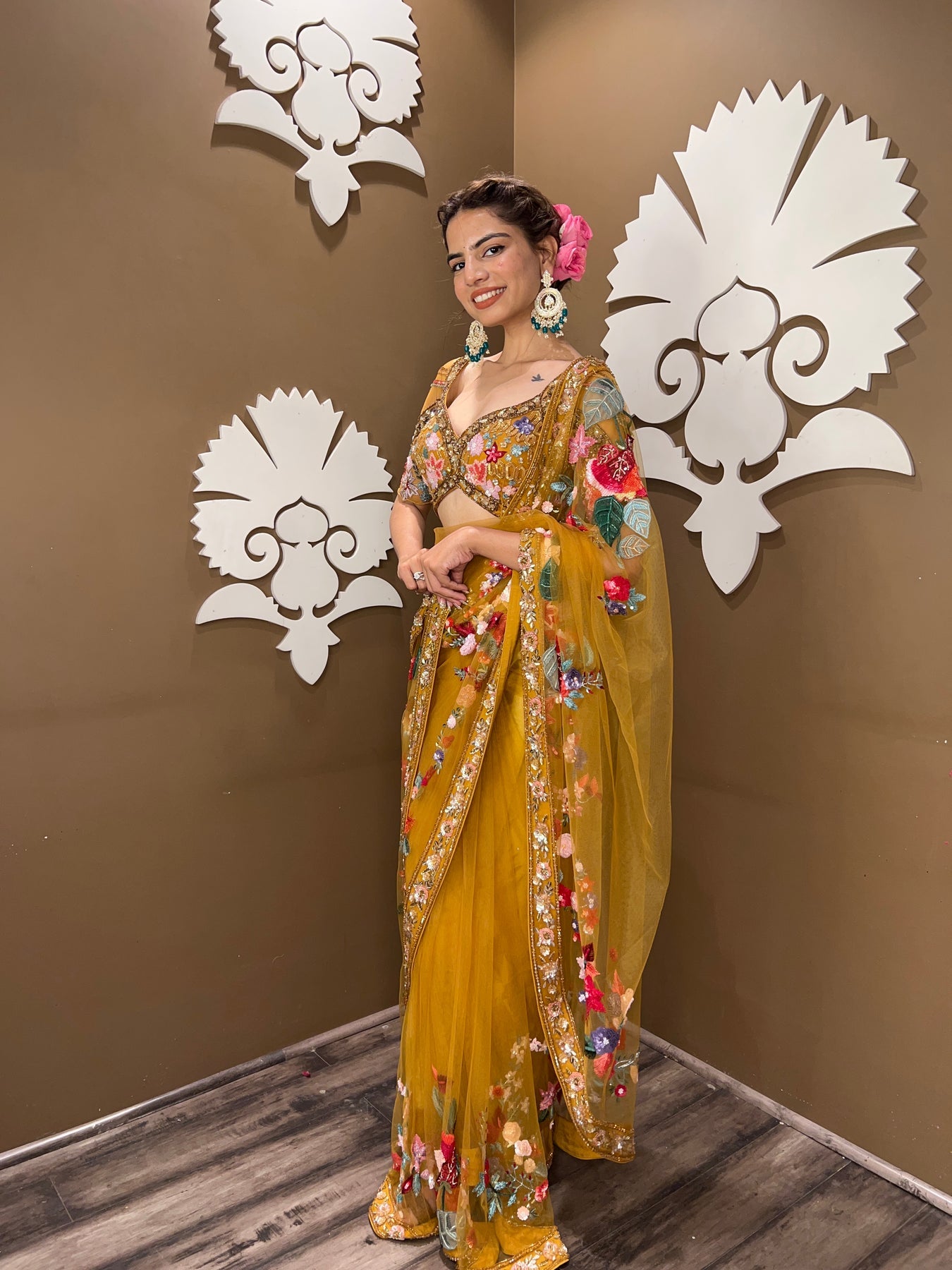 Beautiful mustard color floral motif embroidered saree