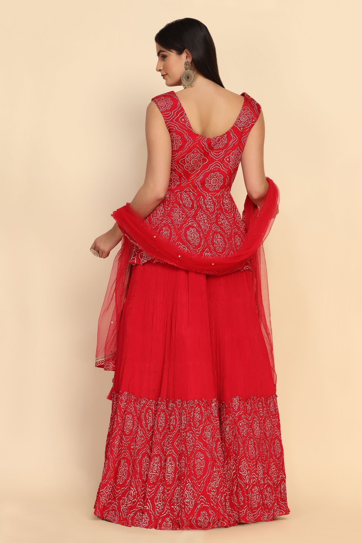 Stylish Red Color Floral Motif Peplum Top & Lehenga Set