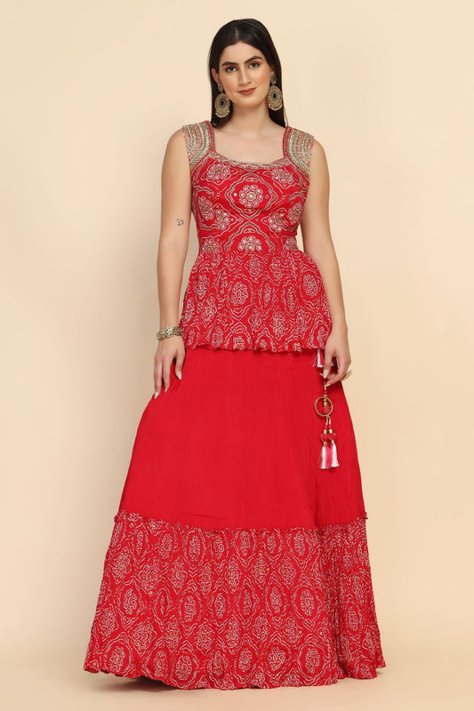 Stylish Red Color Floral Motif Peplum Top & Lehenga Set