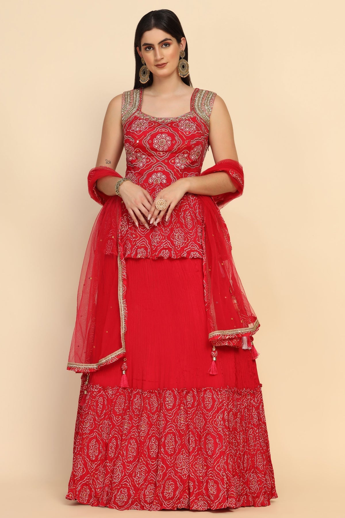 Stylish Red Color Floral Motif Peplum Top & Lehenga Set