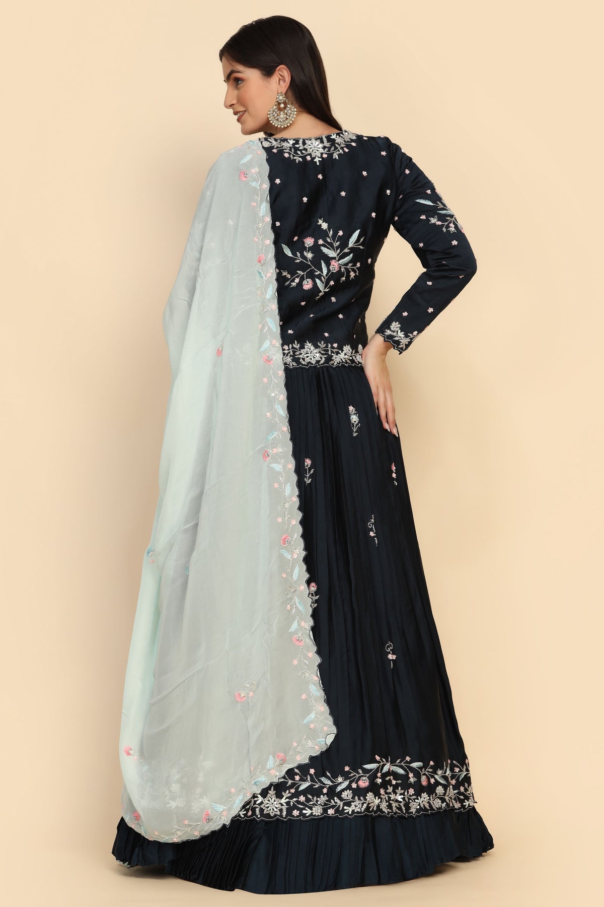 stylish Blue color floral motif embroidered peplum top & lehenga set
