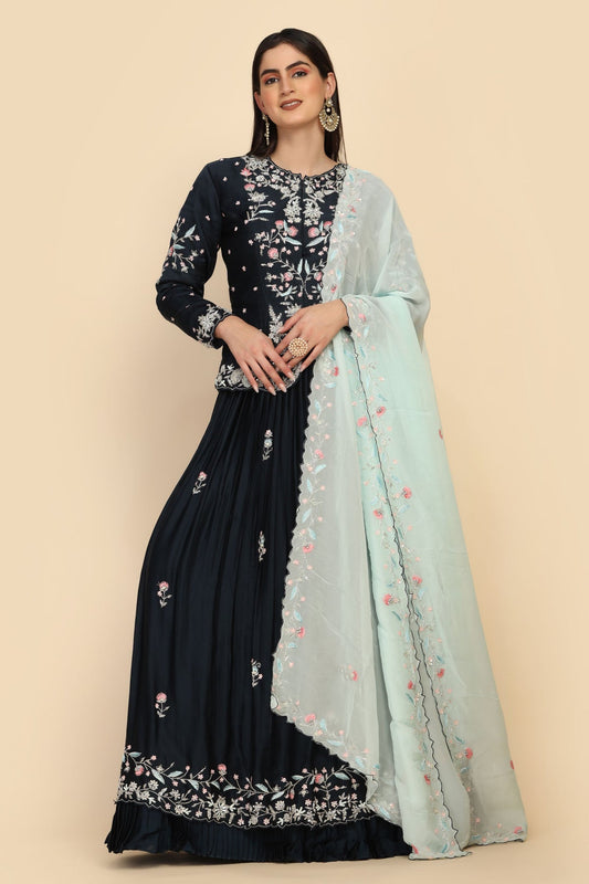 stylish Blue color floral motif embroidered peplum top & lehenga set