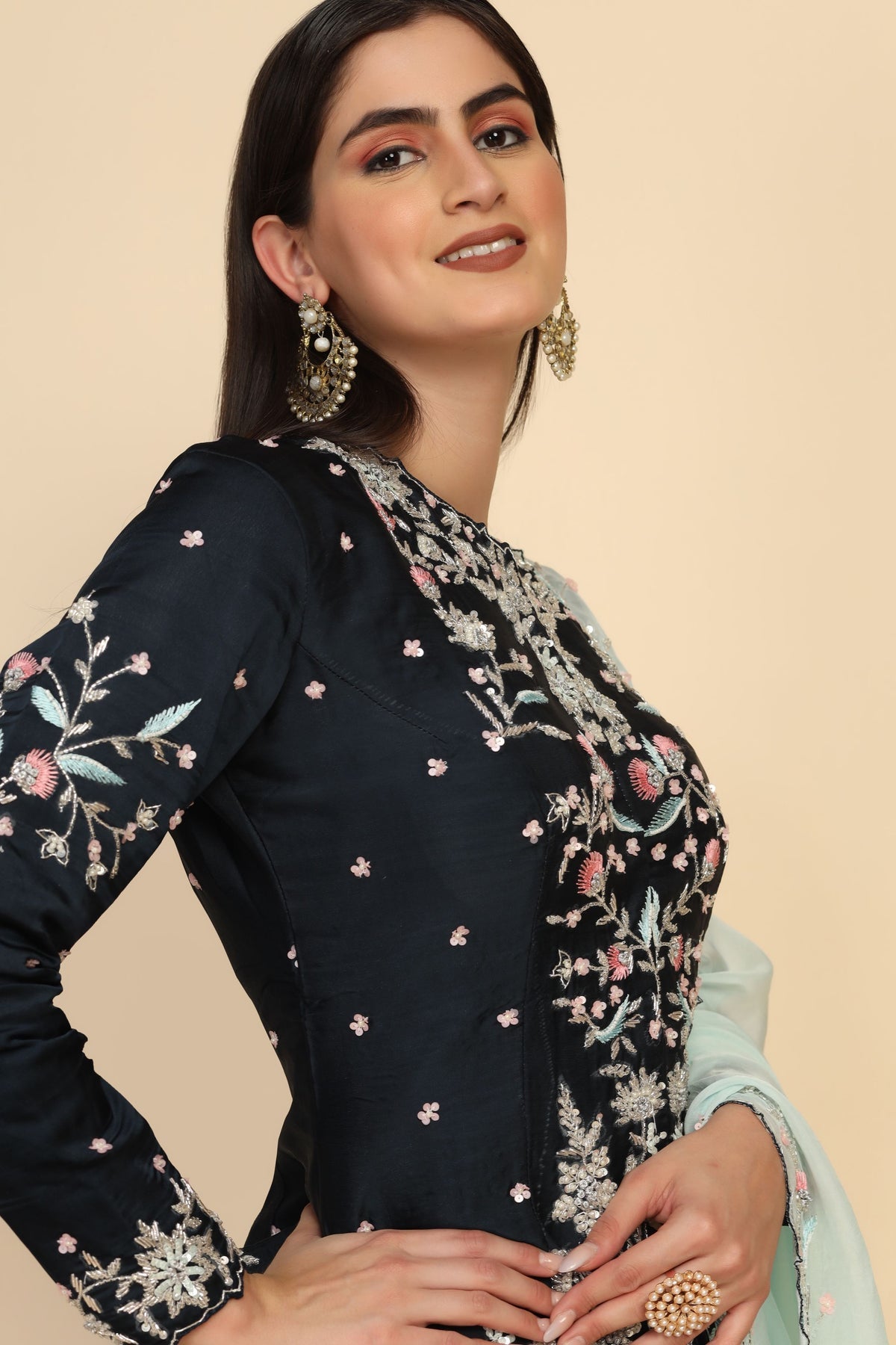 stylish Blue color floral motif embroidered peplum top & lehenga set