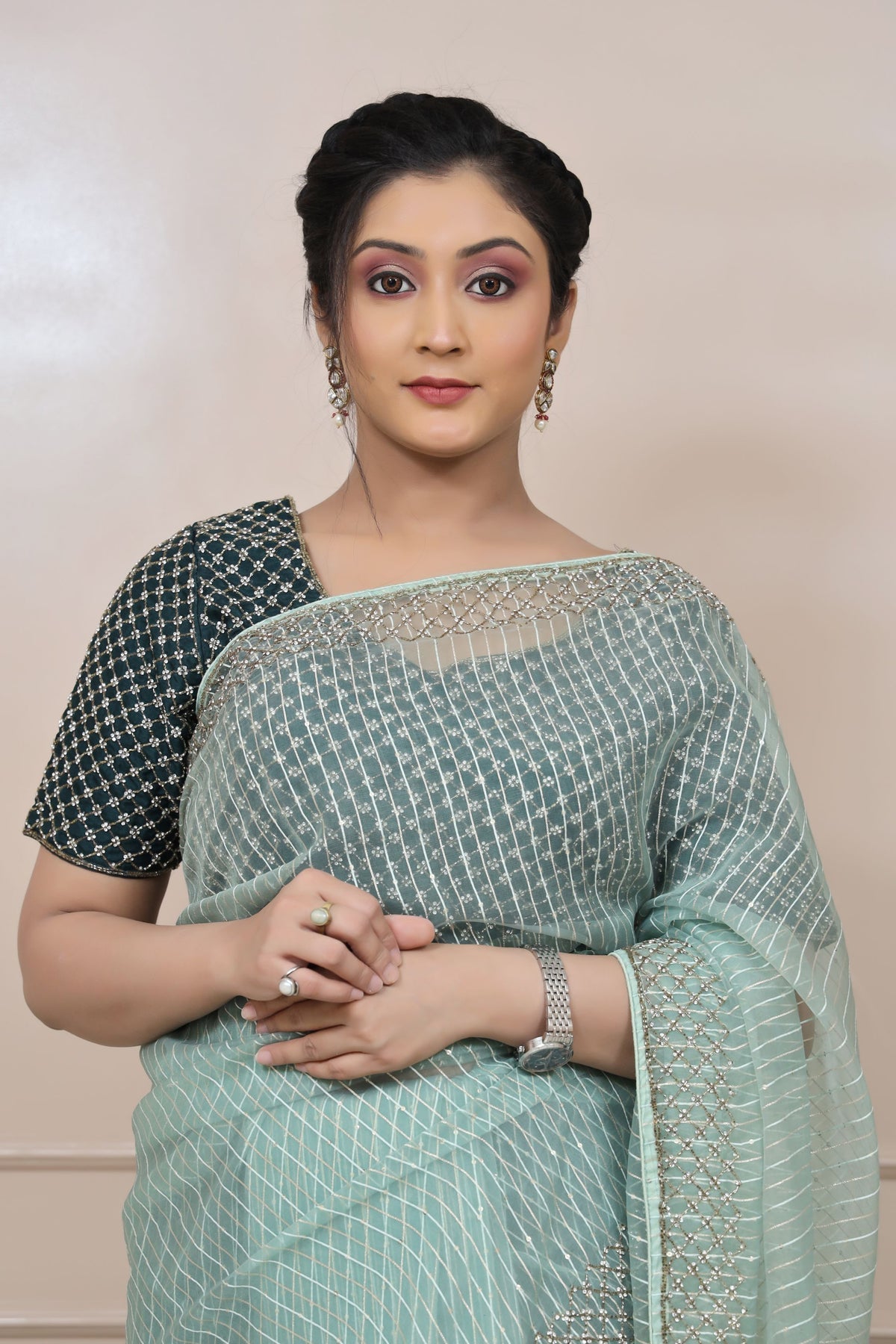 Classy aqua color geometrical motif embroidered saree