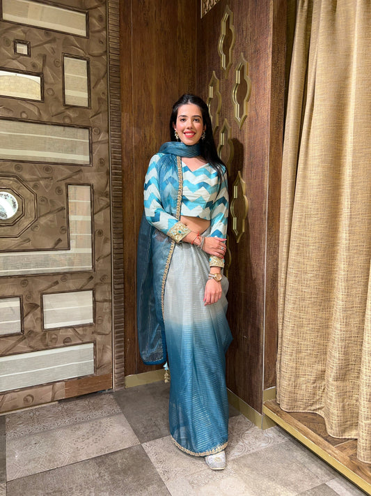 elegant blue color floral motif saree