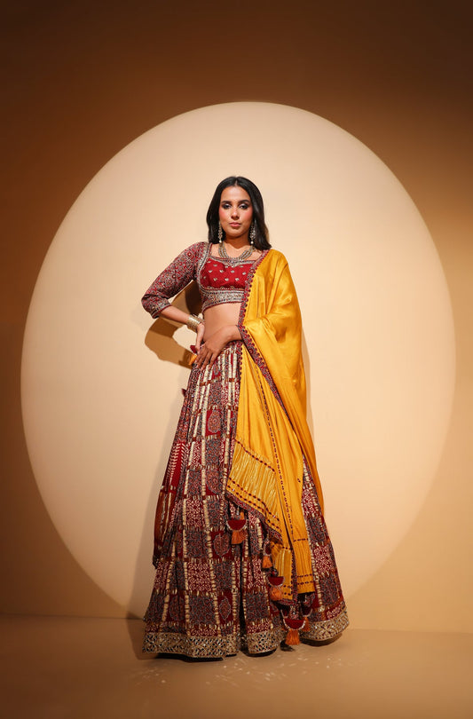 beautiful red color floral motif embroidered lehenga