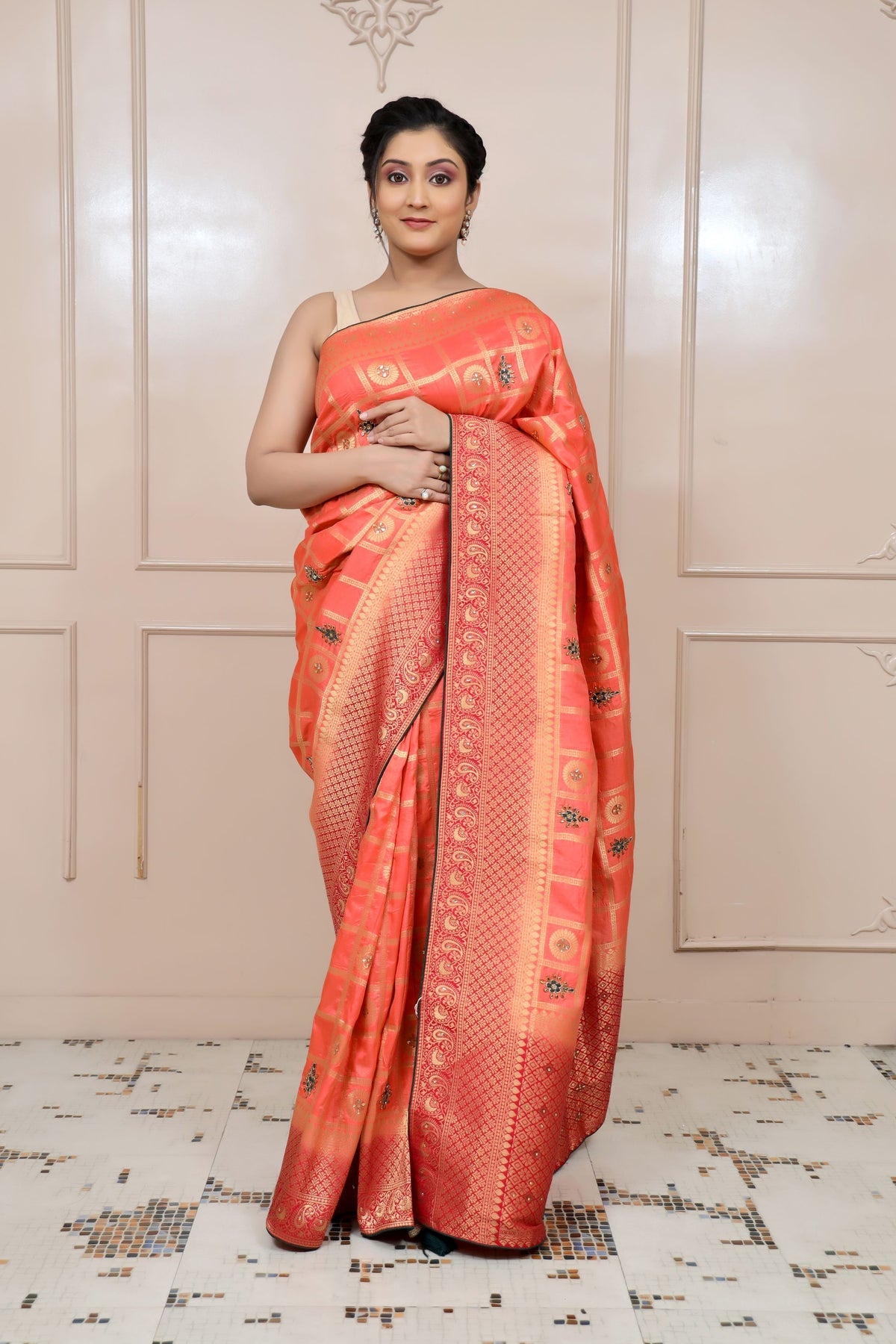 elegant peach color floral motif embroidered saree