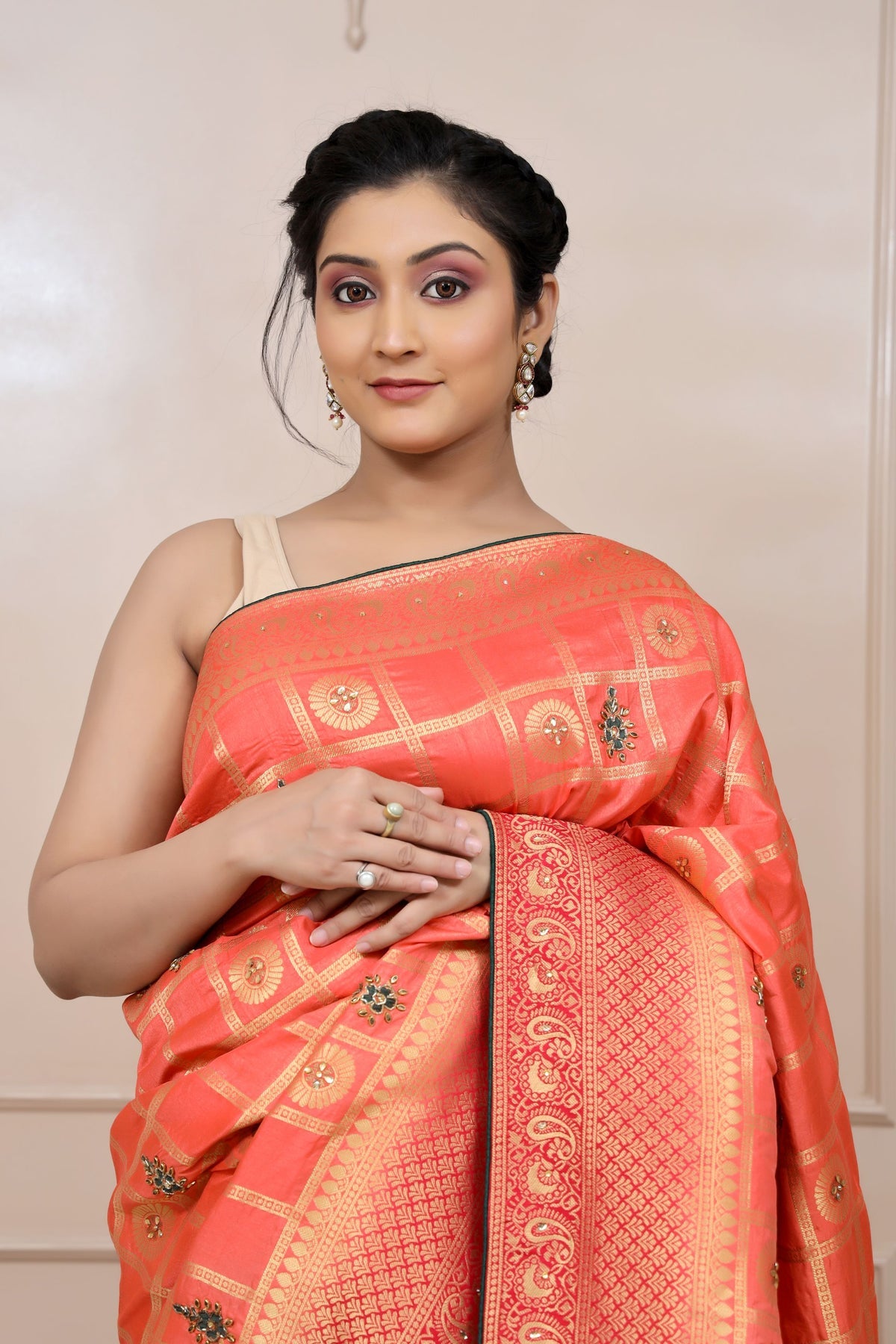 elegant peach color floral motif embroidered saree