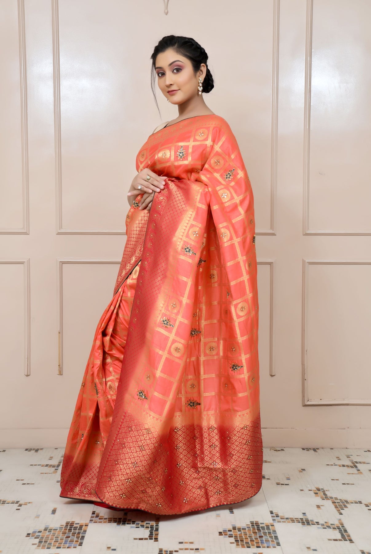 elegant peach color floral motif embroidered saree