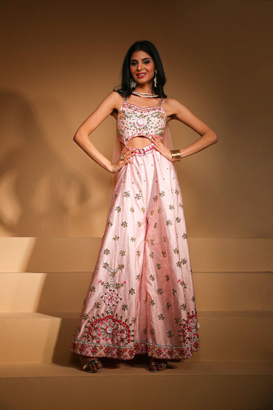 classy pink color floral motif embroidered crop top set