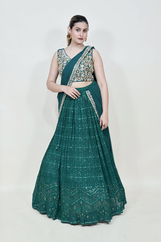CLASSIC GREEN COLOR FLORAL MOTIF LEHENGA SET