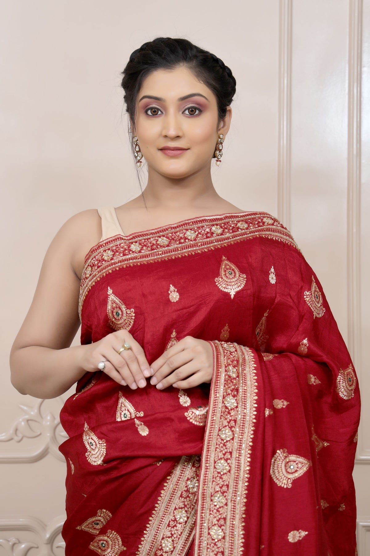 beautiful red color floral motif embroidered saree