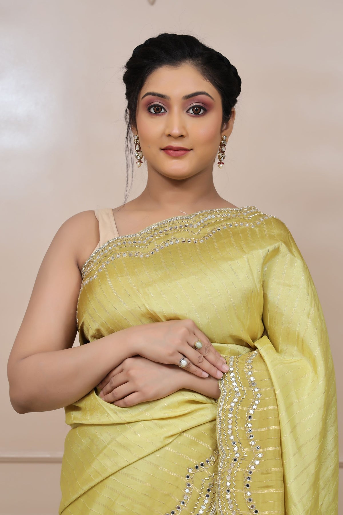 elegant green color geometrical motif embroidered saree