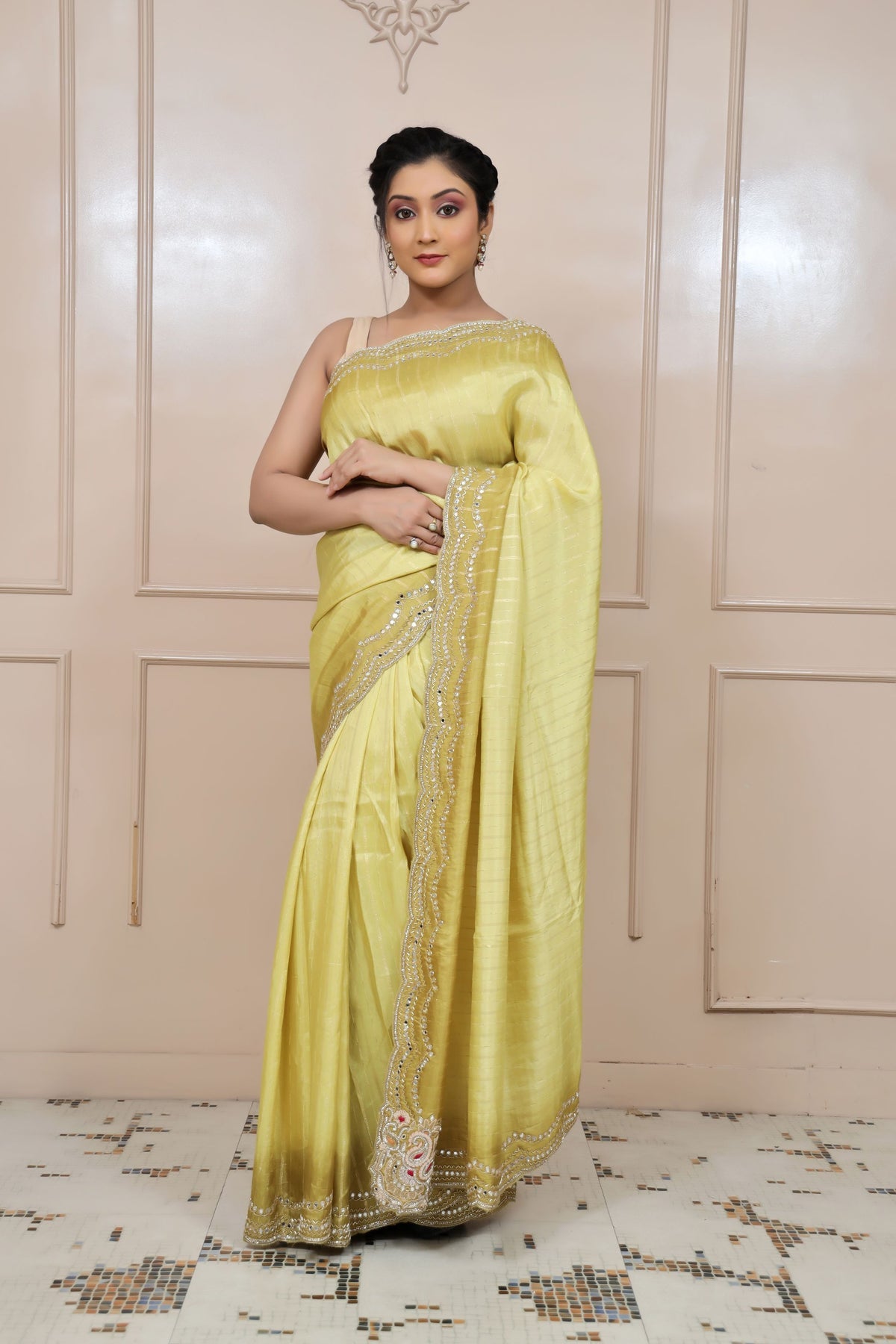 elegant green color geometrical motif embroidered saree