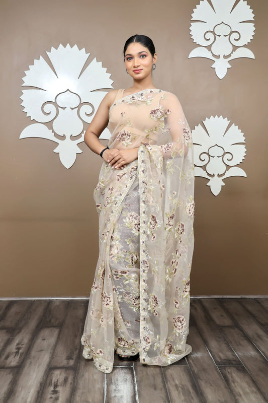 classy cream color floral motif embroidered saree