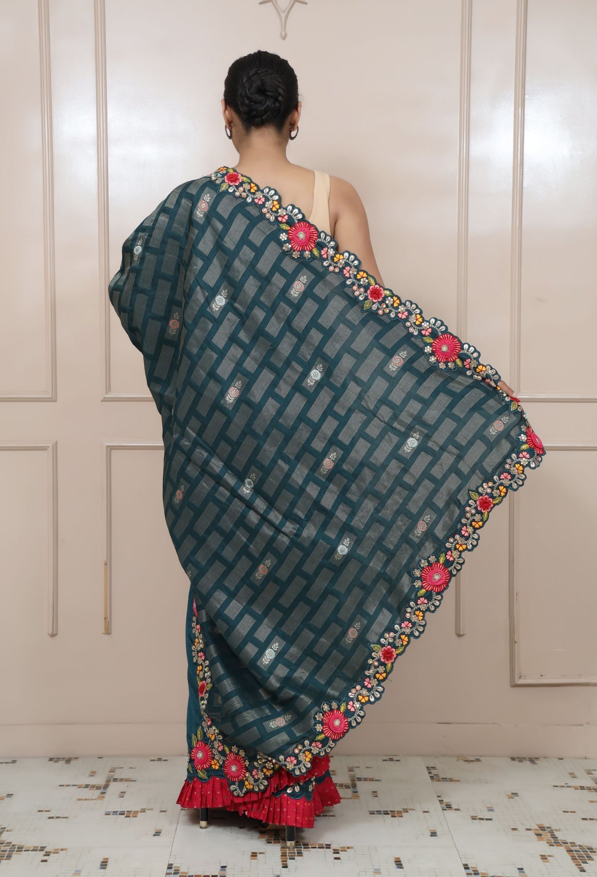 classy bottle blue 3D floral motif embroidered saree