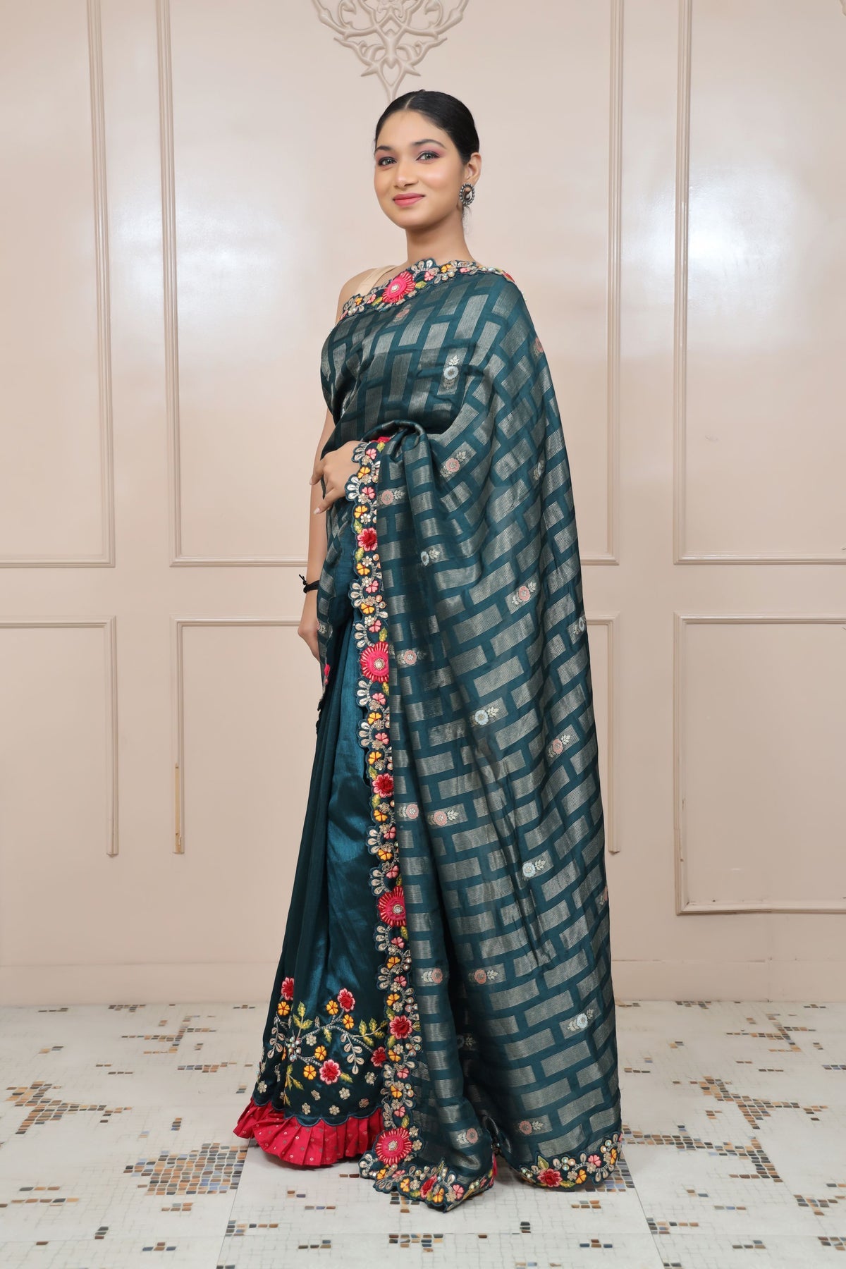 classy bottle blue 3D floral motif embroidered saree