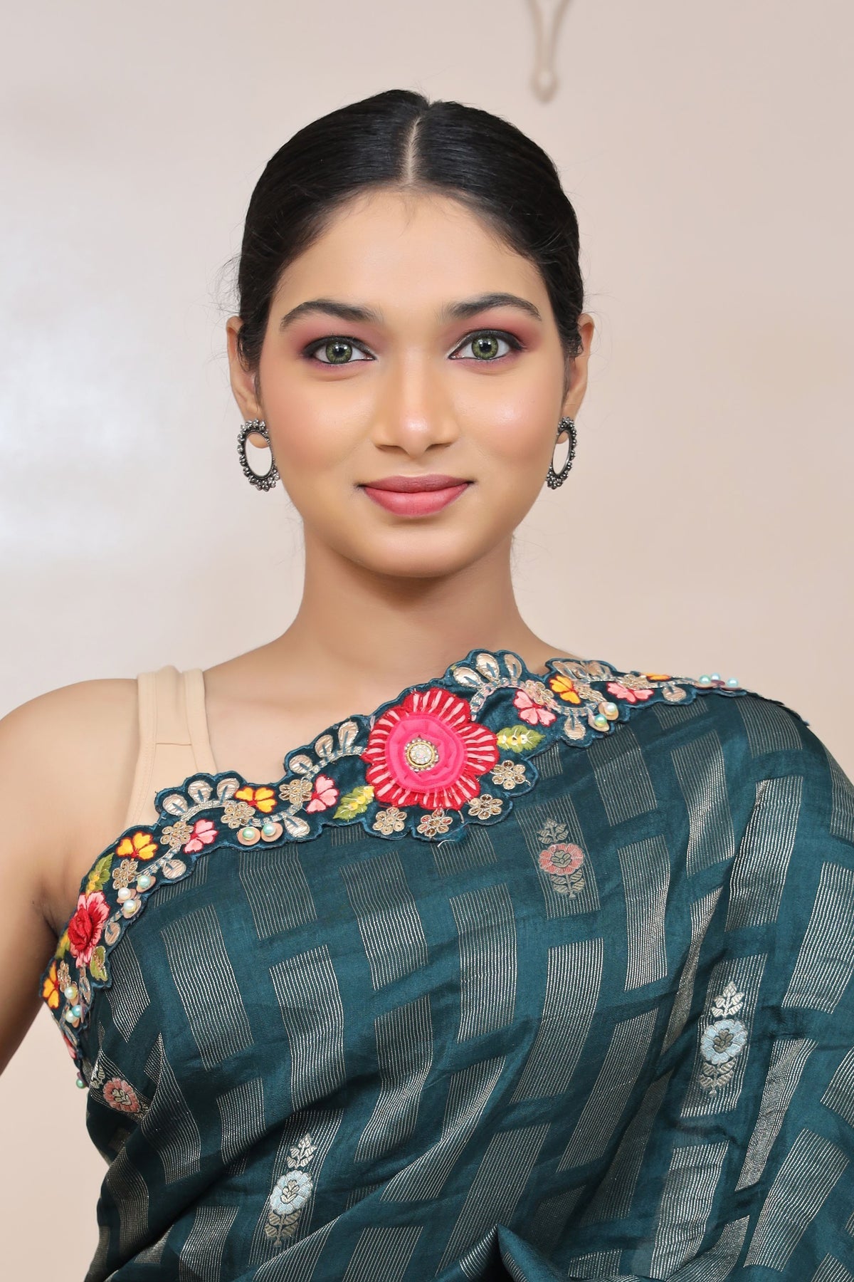 classy bottle blue 3D floral motif embroidered saree