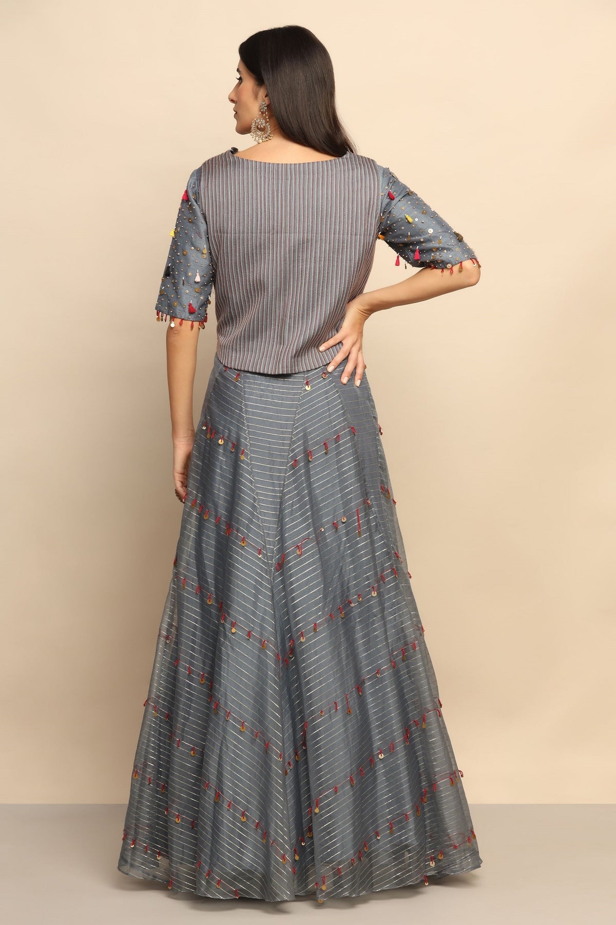 Trendy Grey Dress with Thread Work, Sequins, and Gota Embellishments