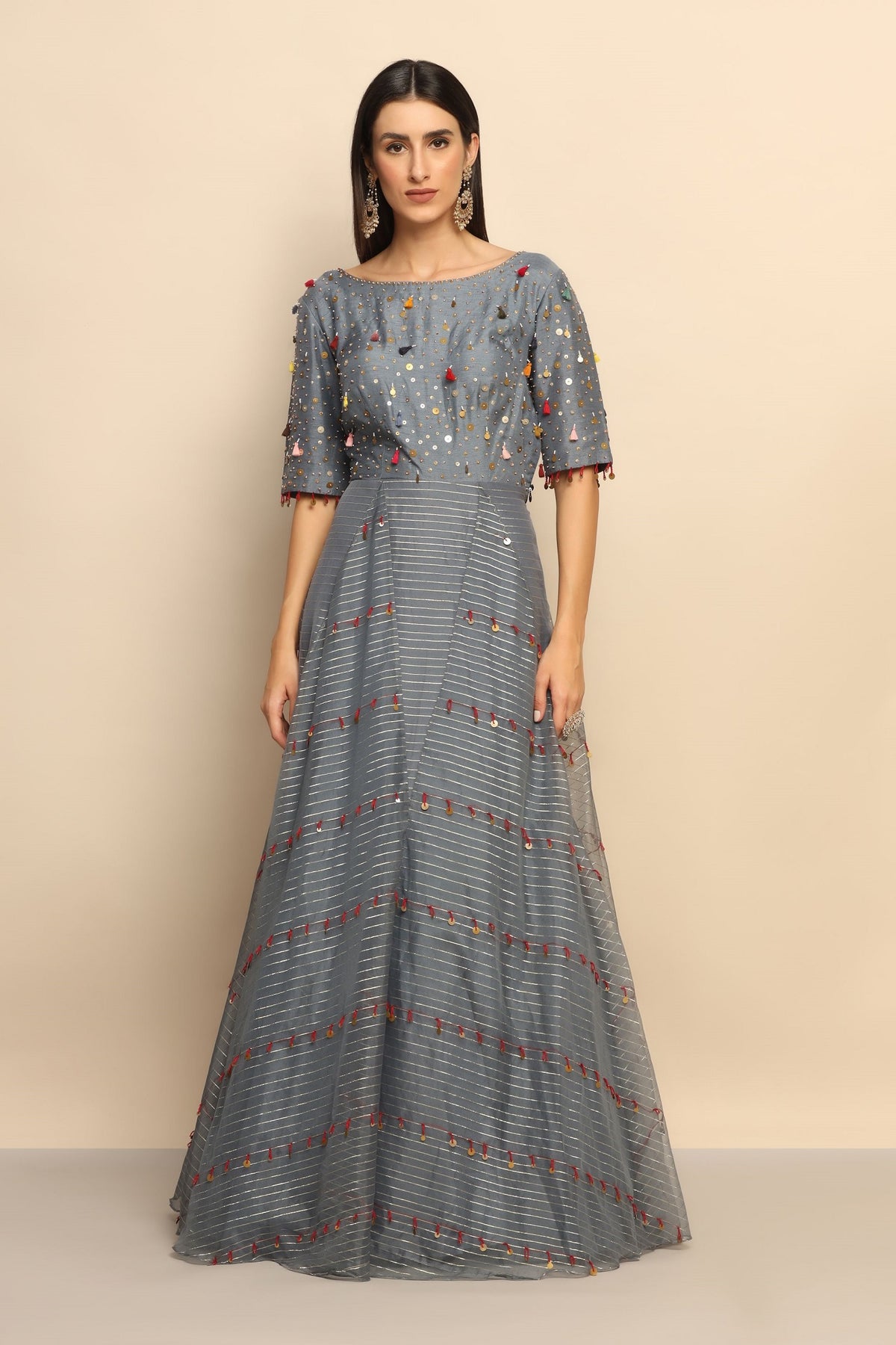 Trendy Grey Dress with Thread Work, Sequins, and Gota Embellishments