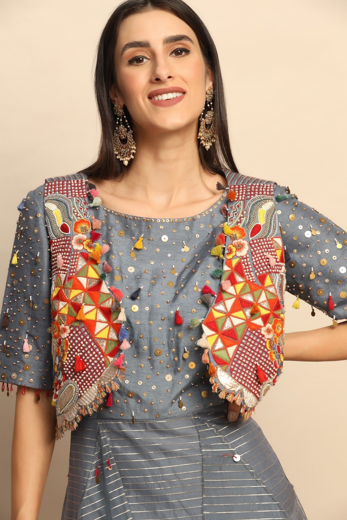 Trendy Grey Dress with Thread Work, Sequins, and Gota Embellishments