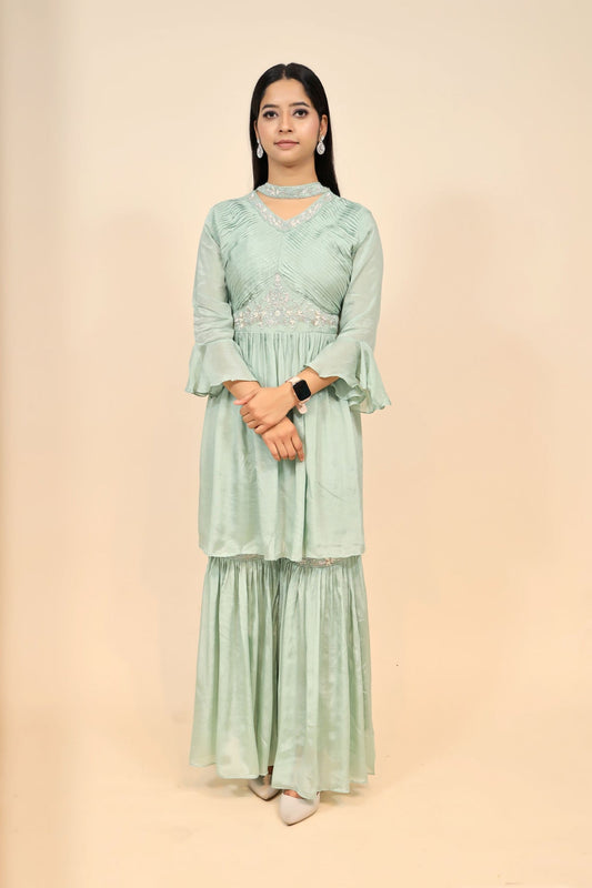 classic aqua color floral motif plazzo set