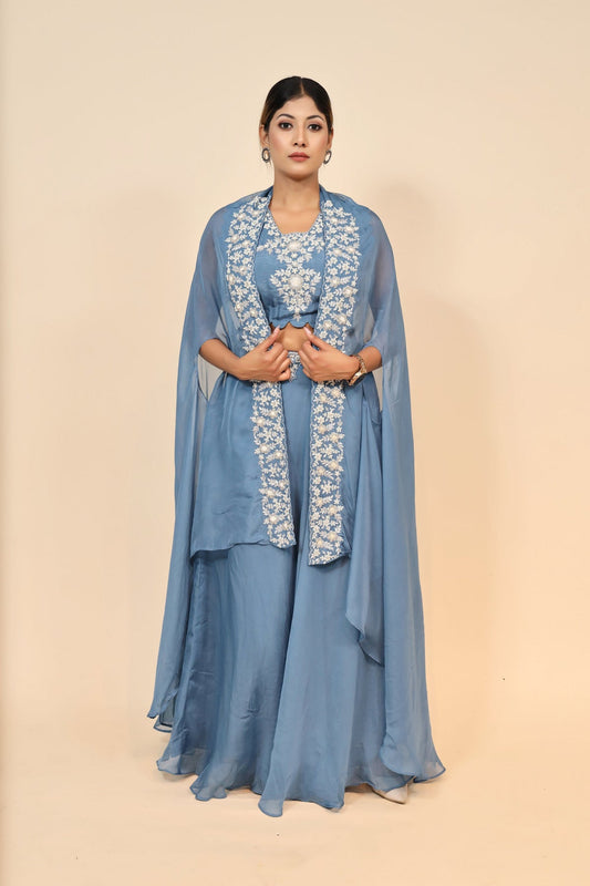 Elegant & Stylish Blue Embroidered Long Dress With Net Shrug