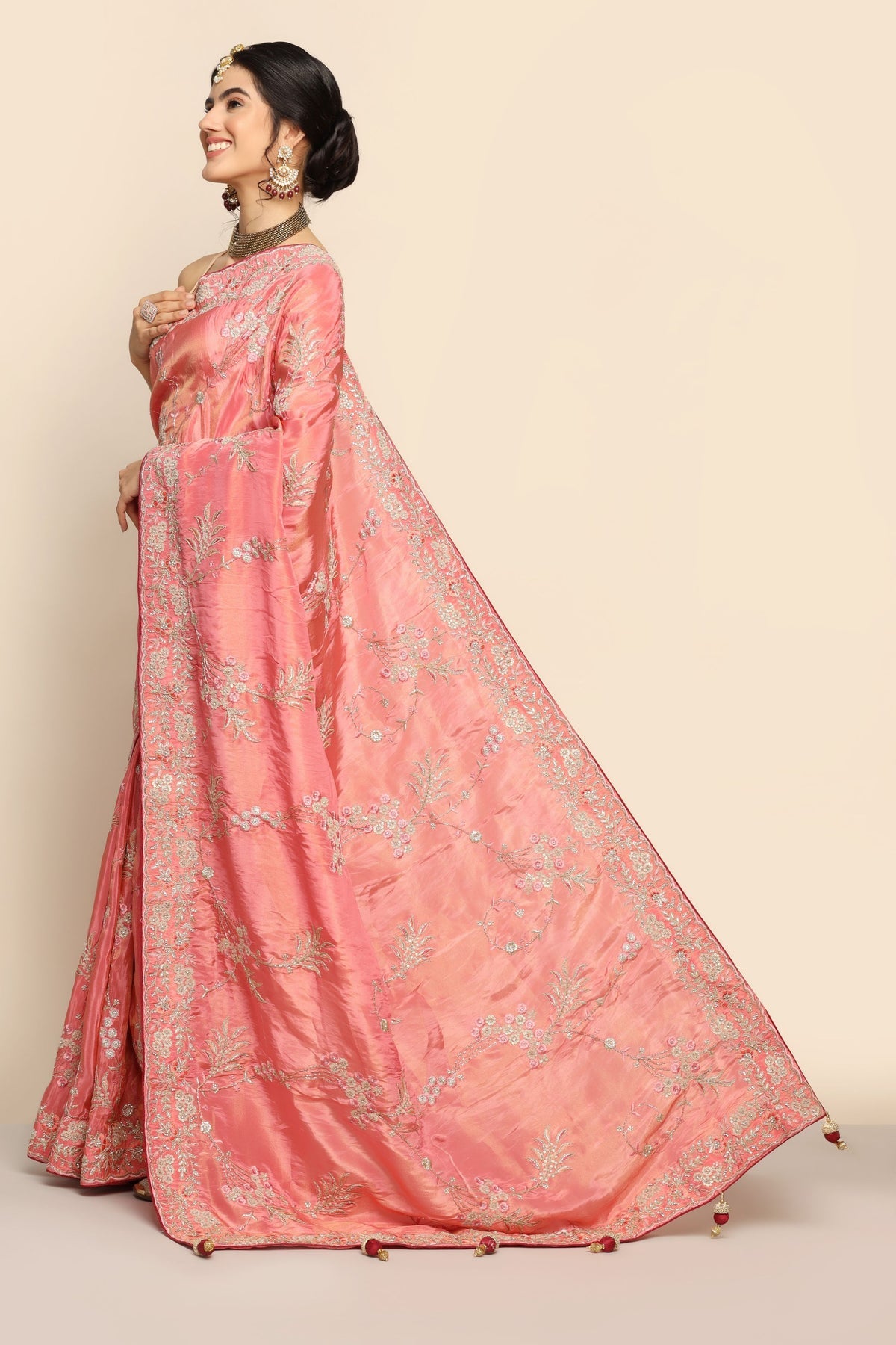 Captivating Pink Silk Saree with Intricate Thread Work, Sequins, Cut Dana, and Zari