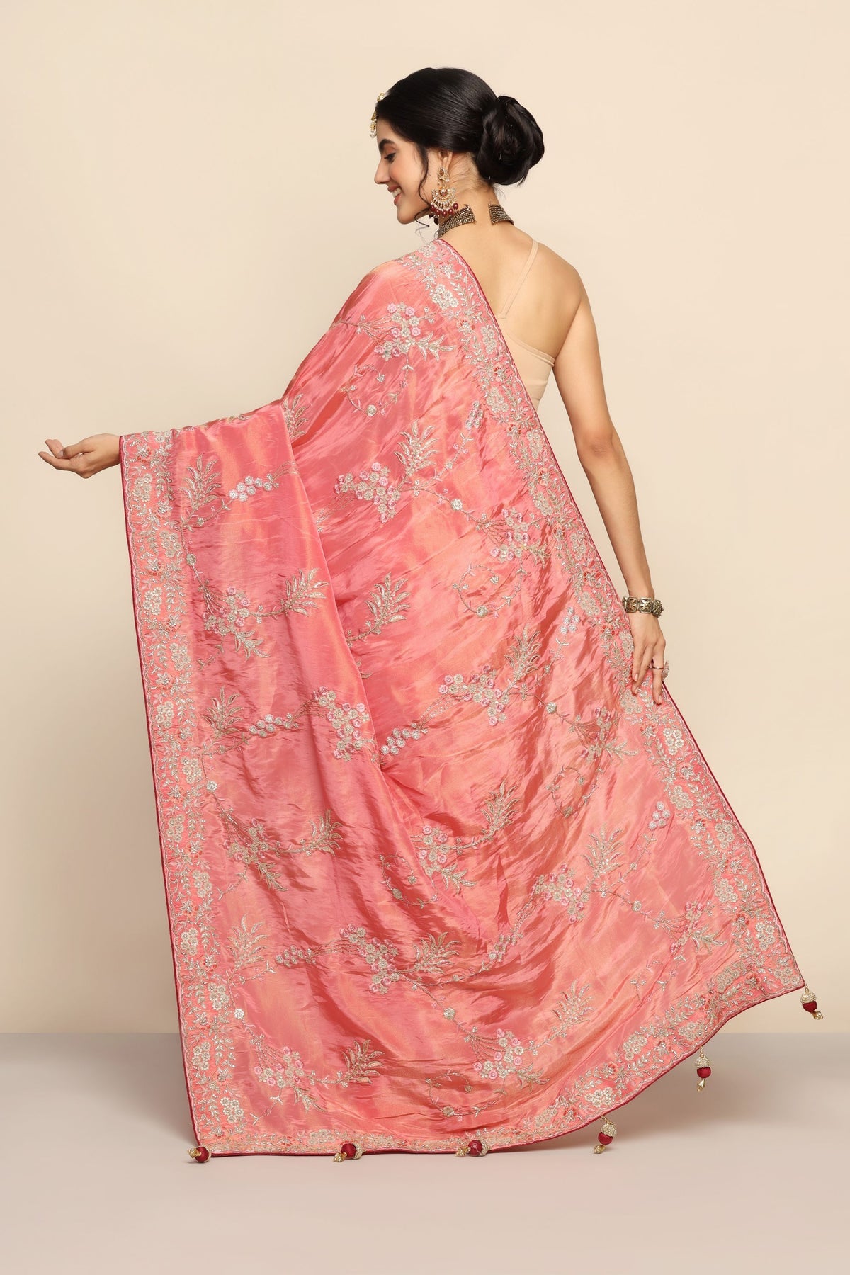 Captivating Pink Silk Saree with Intricate Thread Work, Sequins, Cut Dana, and Zari