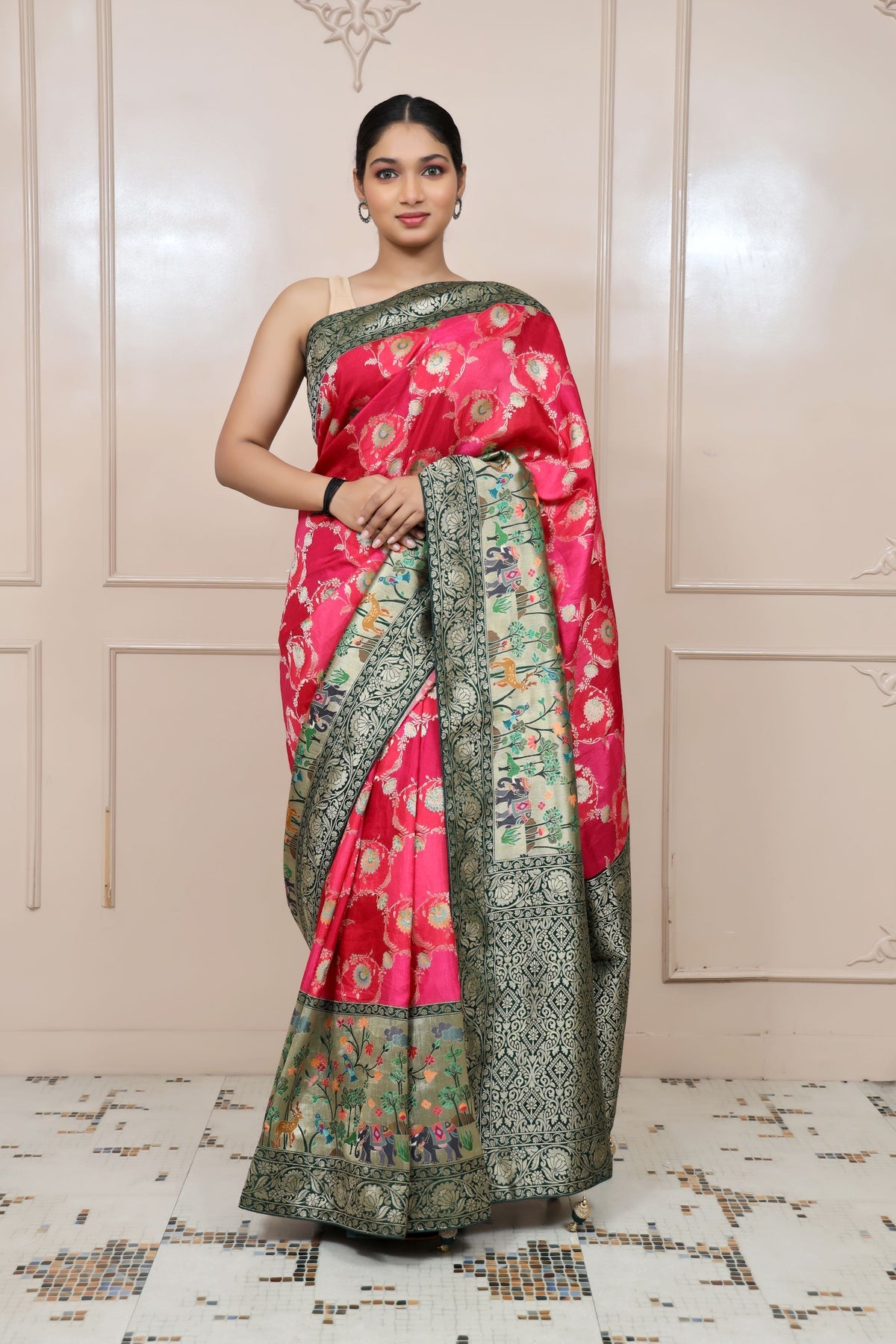 classy dark pink color floral motif handwoven saree