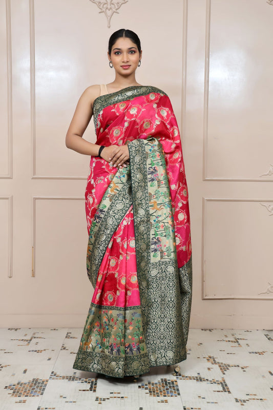 classy dark pink color floral motif handwoven saree