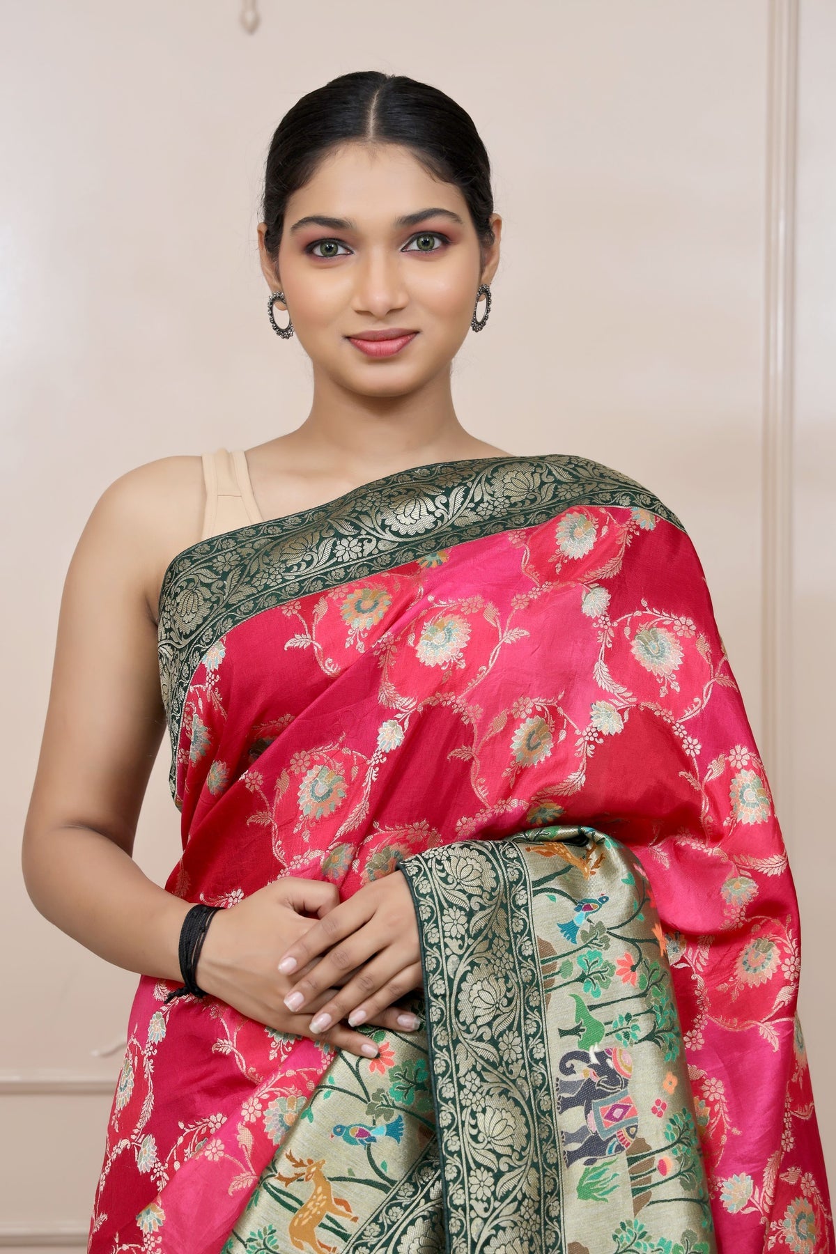 classy dark pink color floral motif handwoven saree