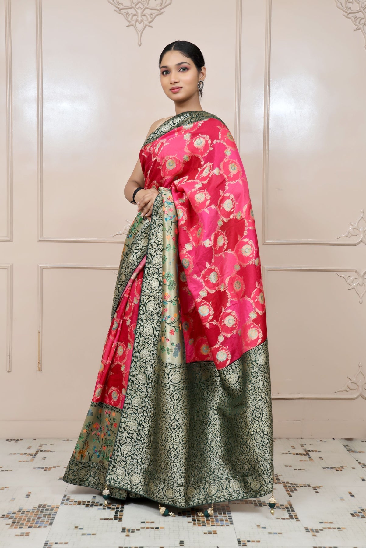 classy dark pink color floral motif handwoven saree