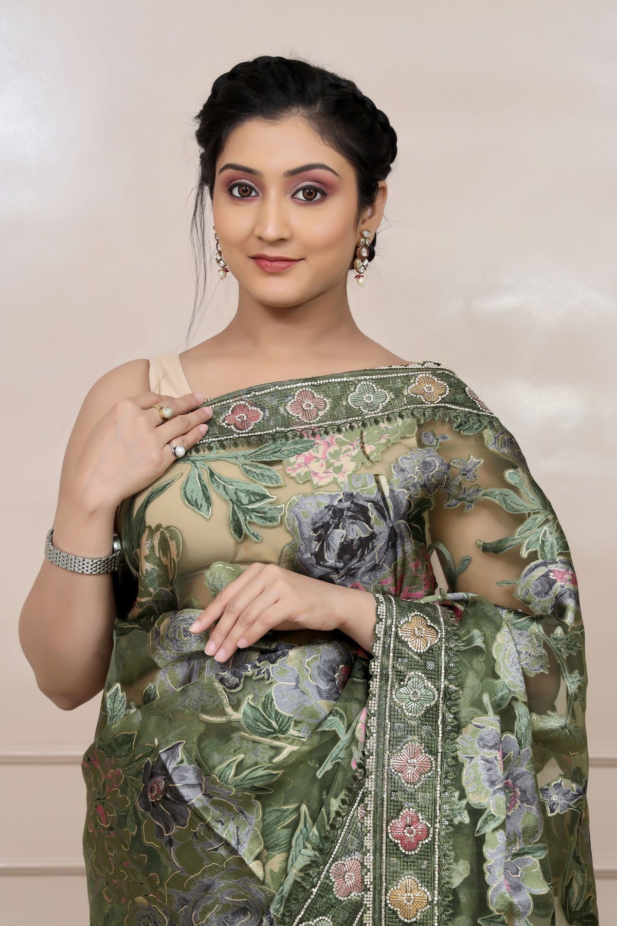 beautiful dark green color floral motif saree