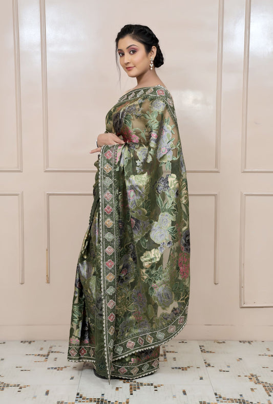 beautiful dark green color floral motif saree