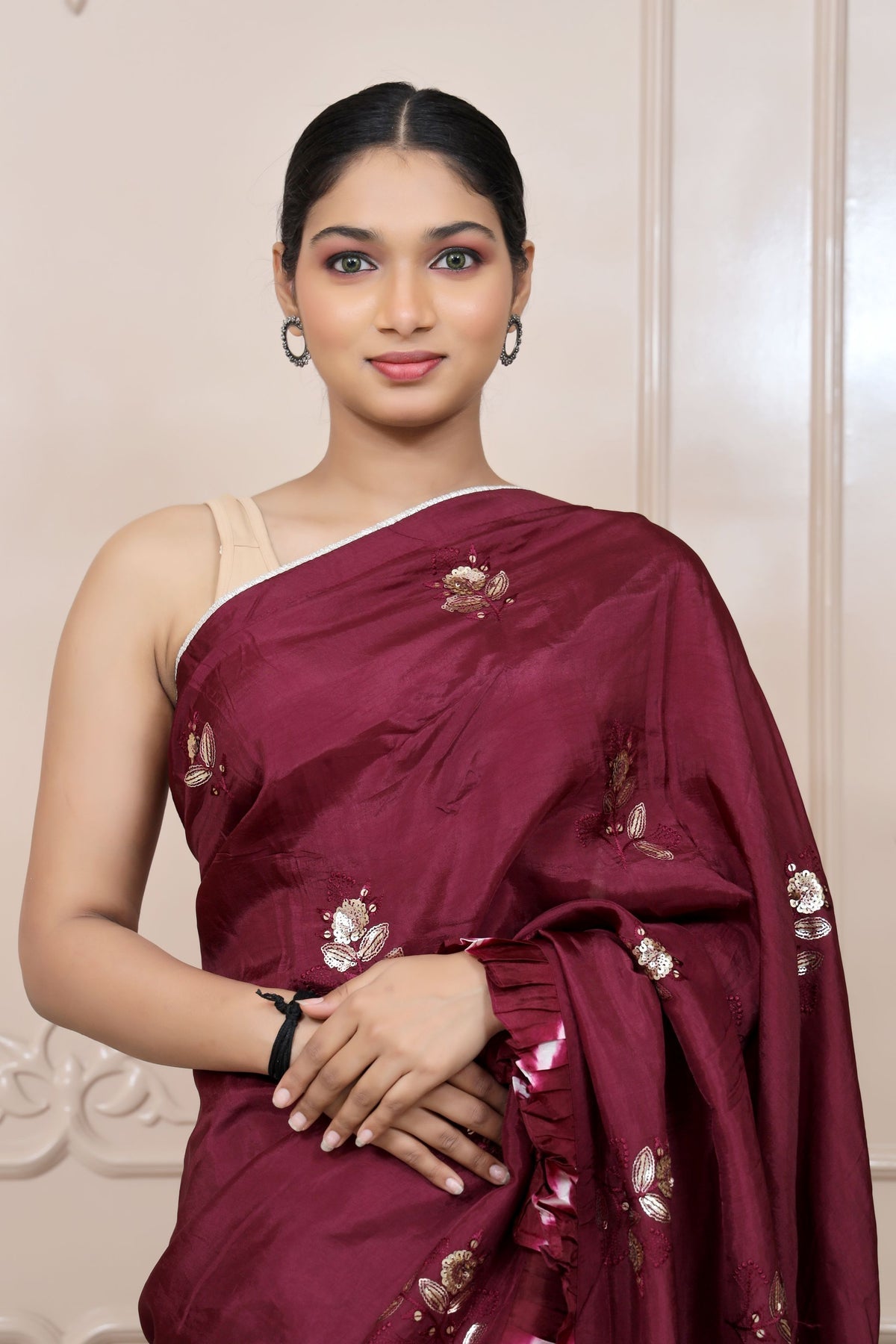 Adorable Wine Colour Floral Motif Embroidered Saree