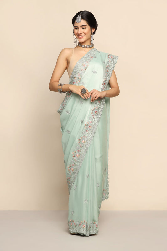 Enchanting Aqua Silk Saree with Sparkling Sequins and Intricate Thread Work