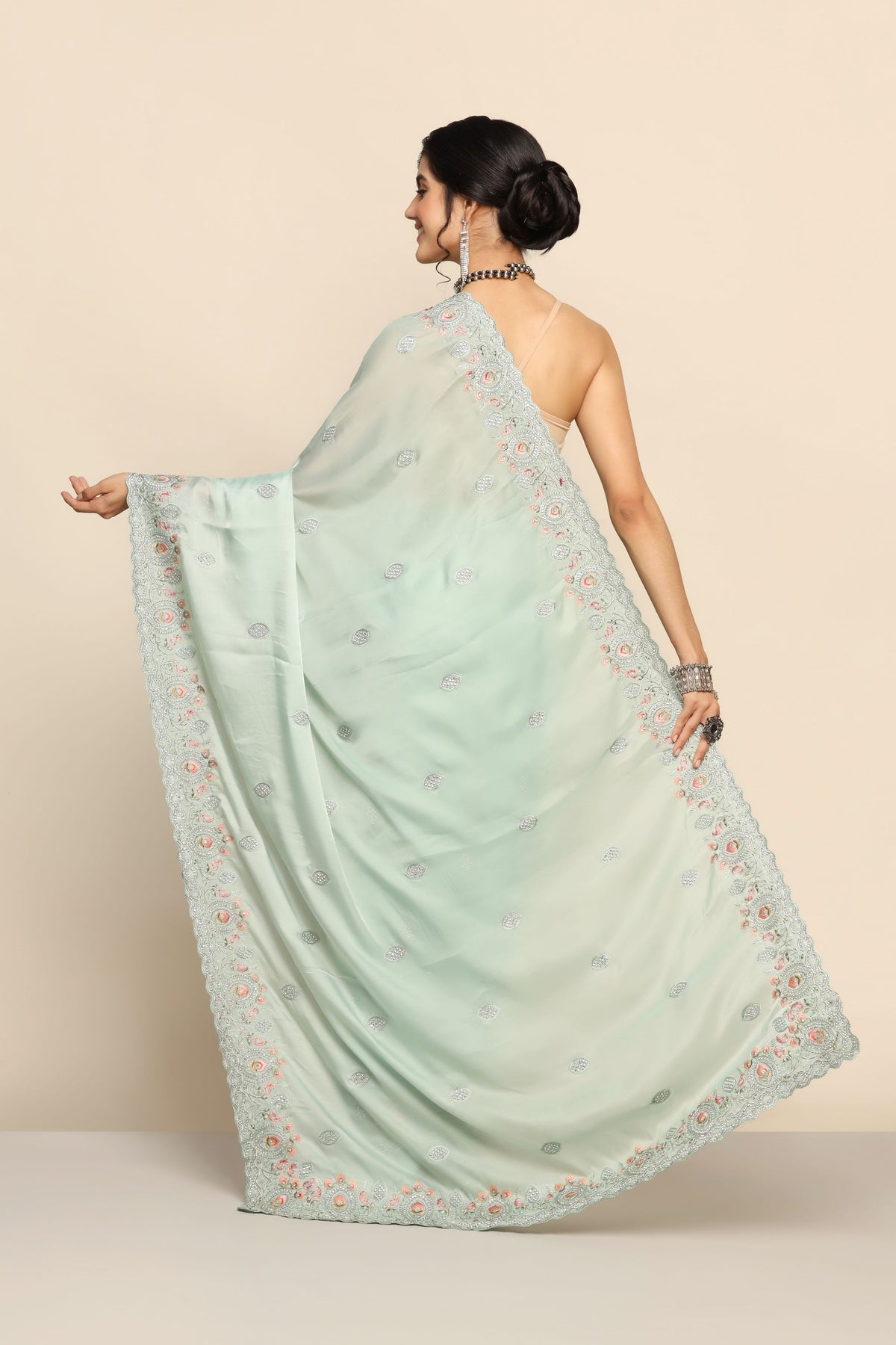 Enchanting Aqua Silk Saree with Sparkling Sequins and Intricate Thread Work