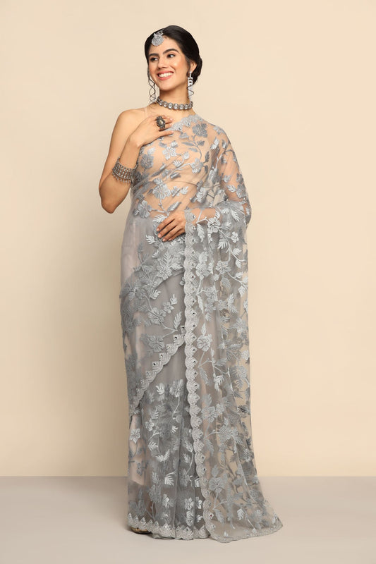 Graceful Grey Net Saree with Intricate Thread Work and Sparkling Sequins
