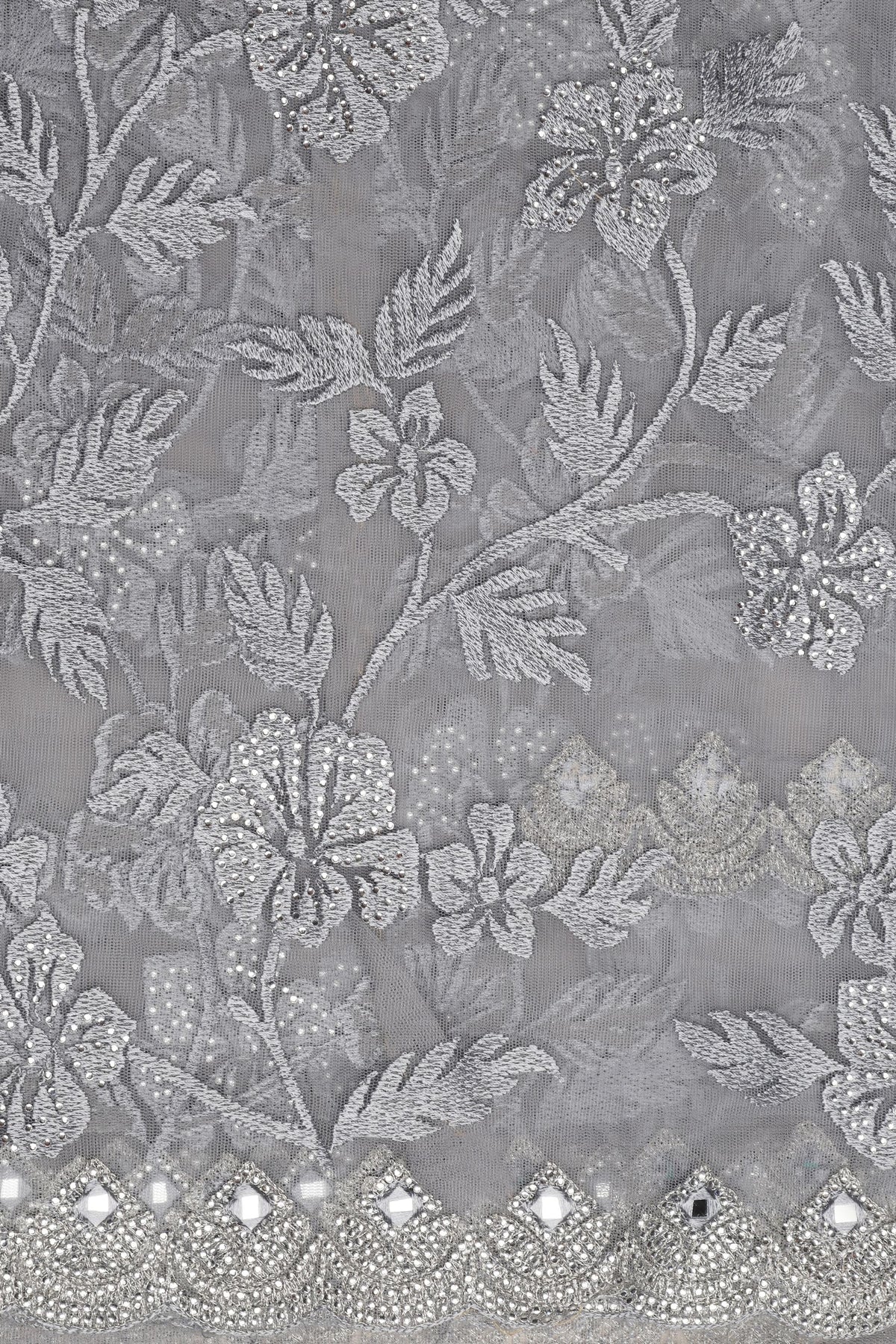 Graceful Grey Net Saree with Intricate Thread Work and Sparkling Sequins