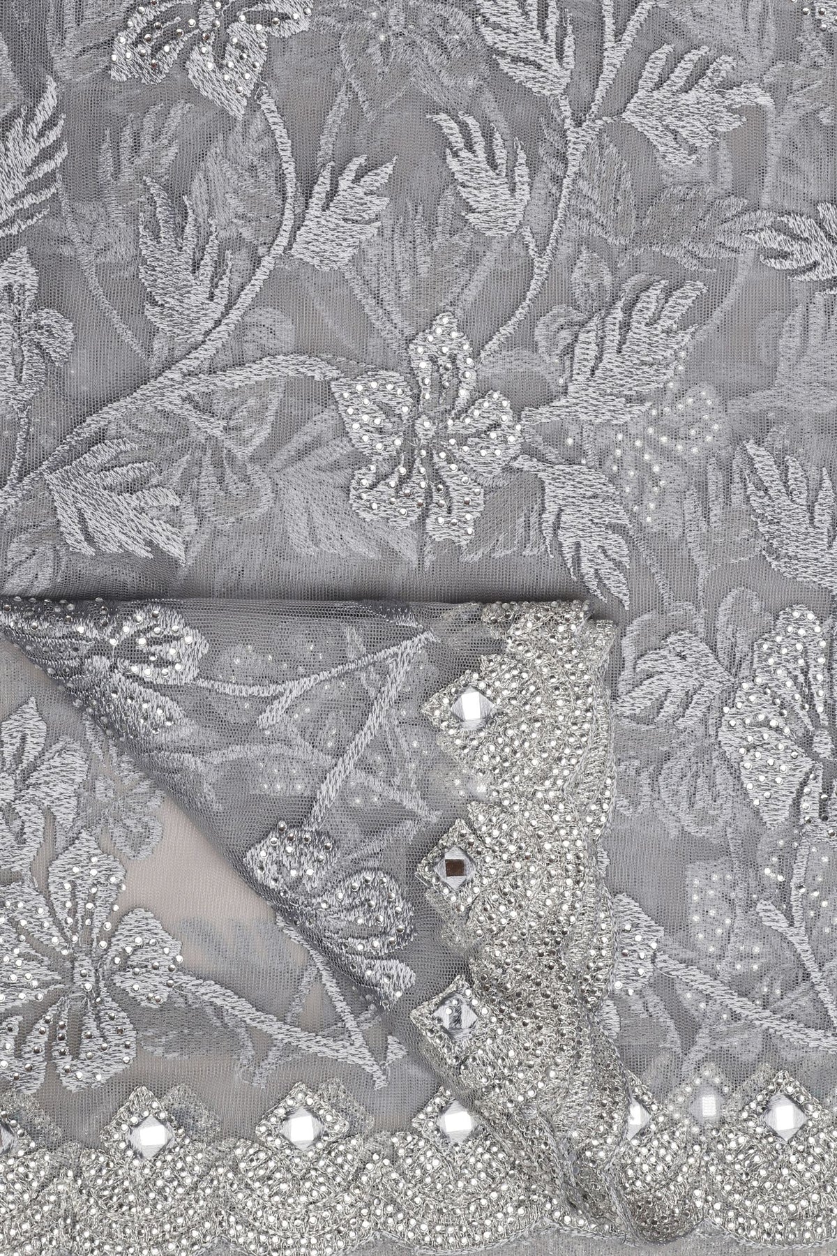 Graceful Grey Net Saree with Intricate Thread Work and Sparkling Sequins