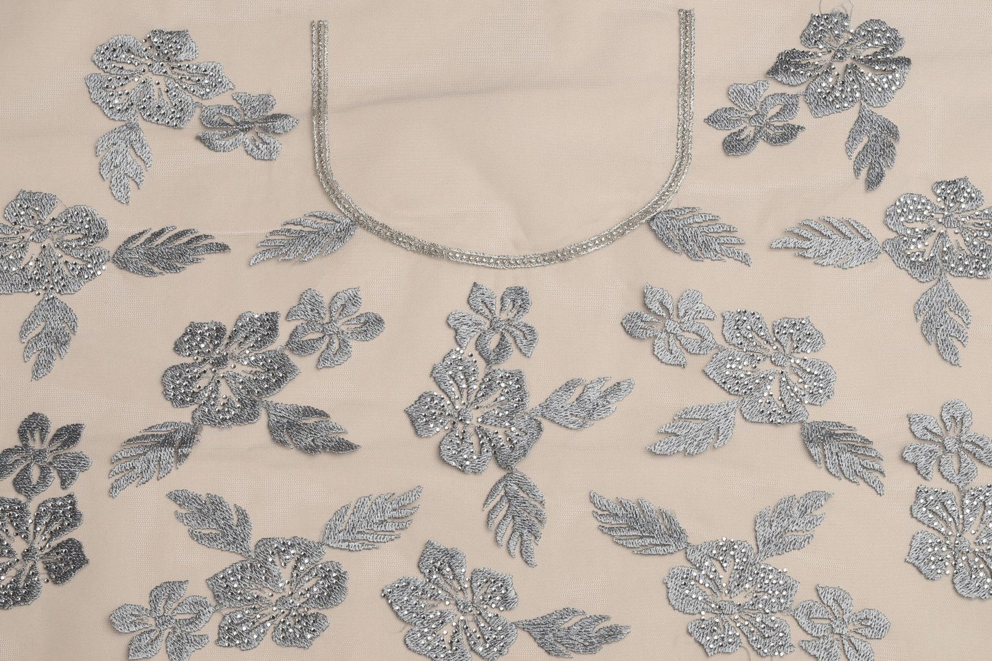 Graceful Grey Net Saree with Intricate Thread Work and Sparkling Sequins