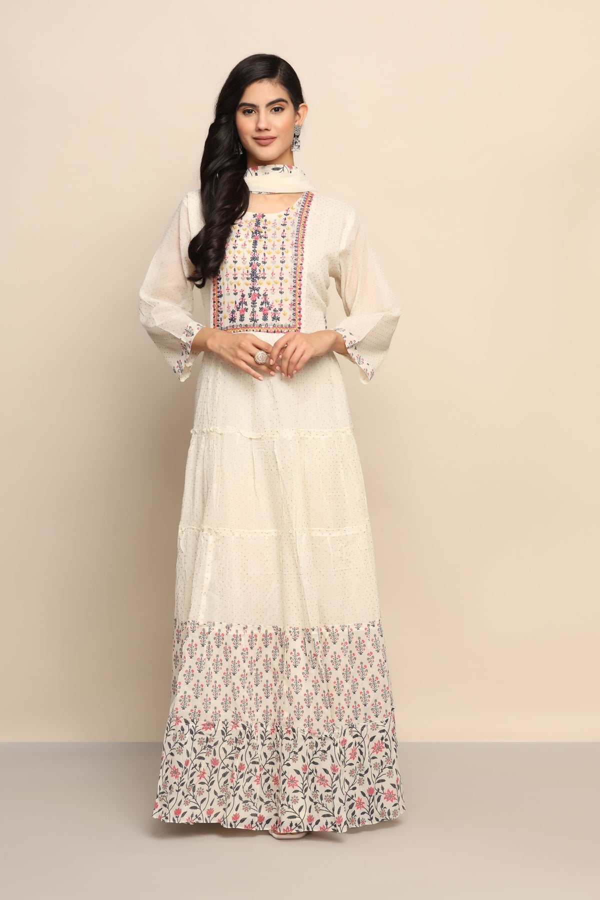 White Thread Work Dress with Sequin Accents | Cotton Blend