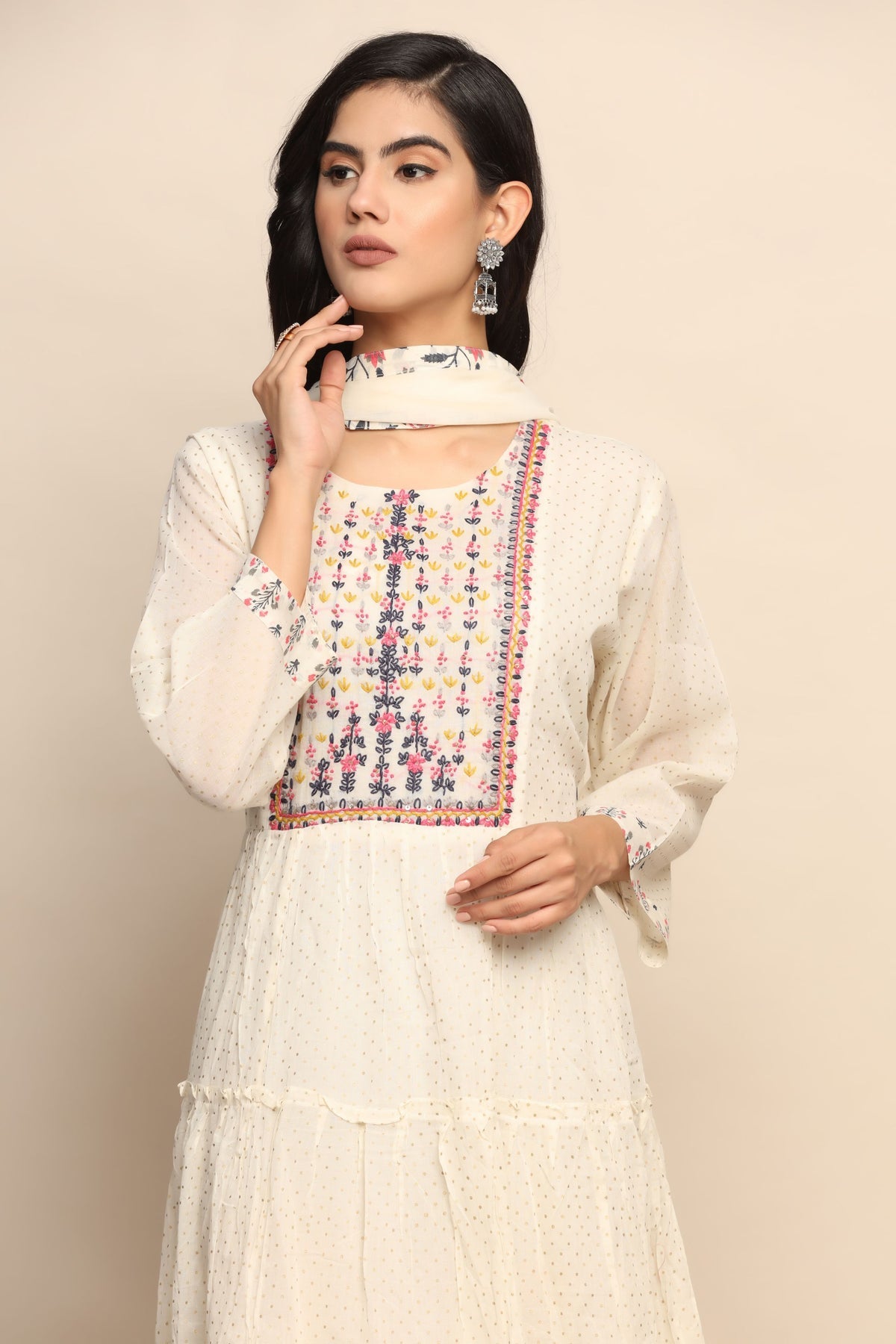 White Thread Work Dress with Sequin Accents | Cotton Blend