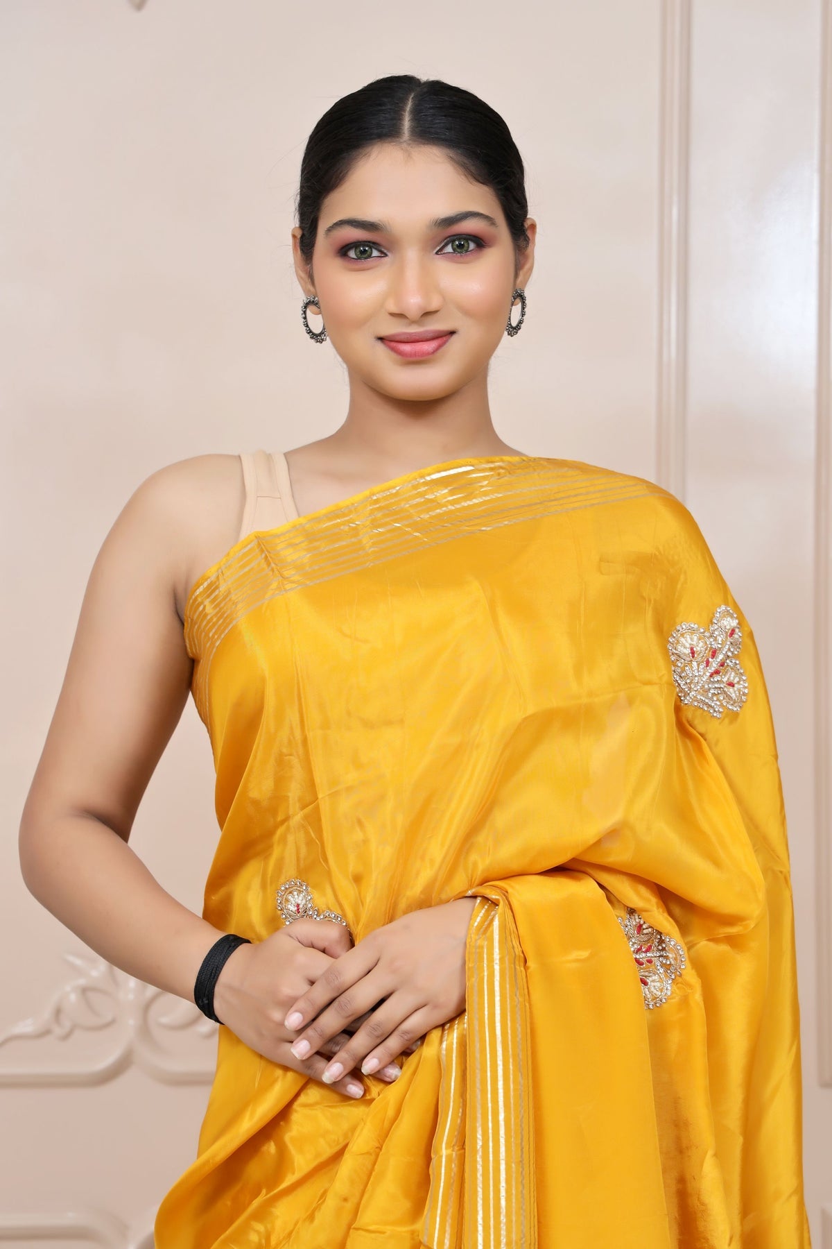 Classy Yellow Colour Floral Motif Embroidered Silk Blend Saree