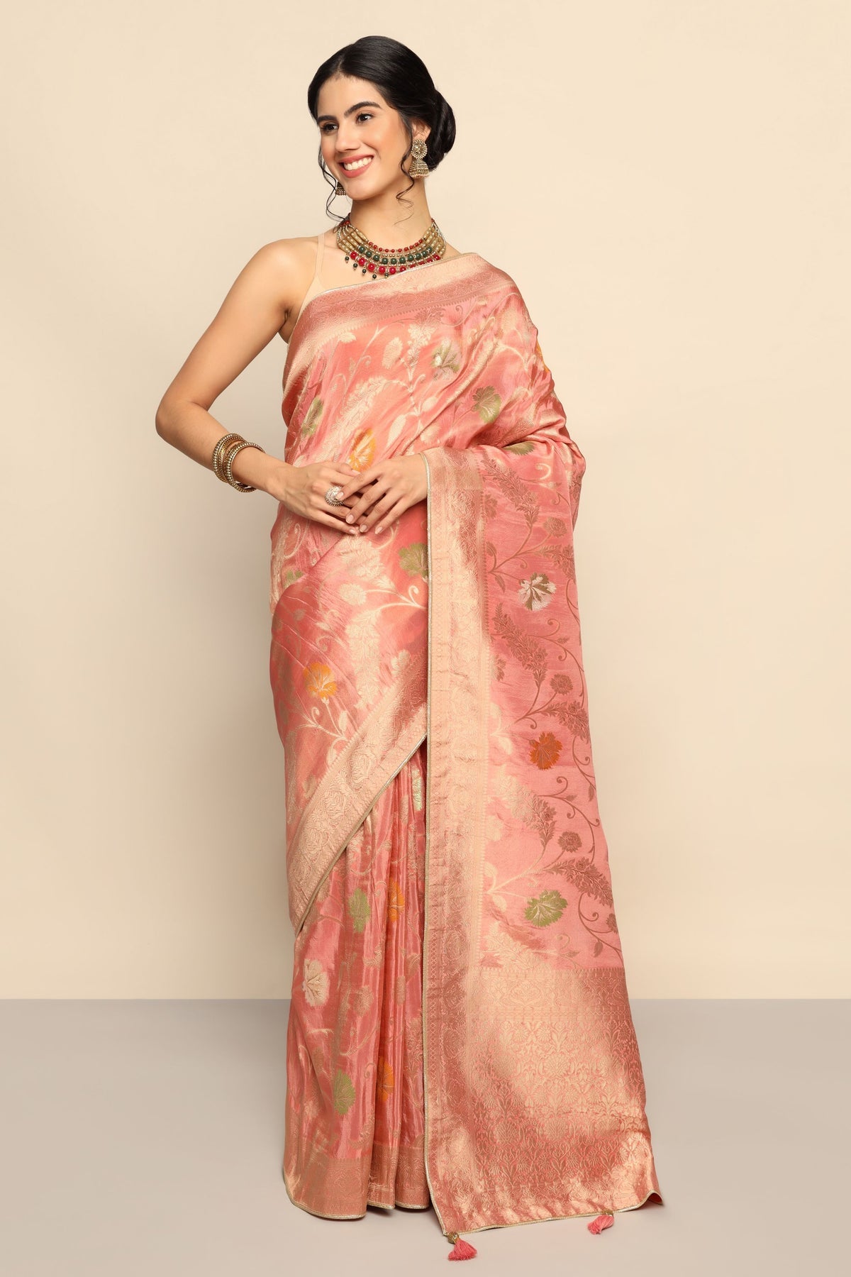 Elegant Pink Saree with Intricate Flower Motif and Stunning Zari Embroidery
