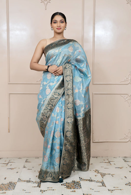 Classy Blue Colour Floral Motif Woven Saree