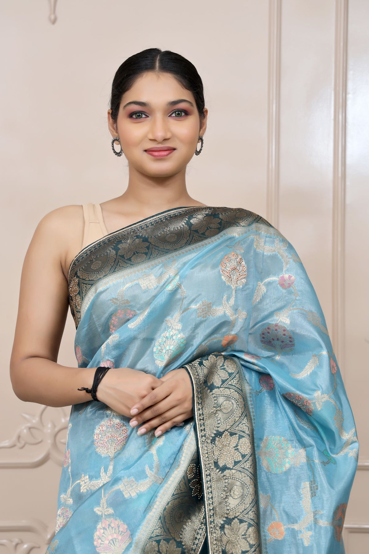 Classy Blue Colour Floral Motif Woven Saree