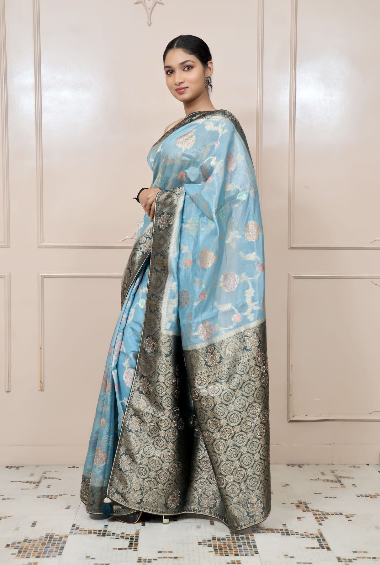 Classy Blue Colour Floral Motif Woven Saree