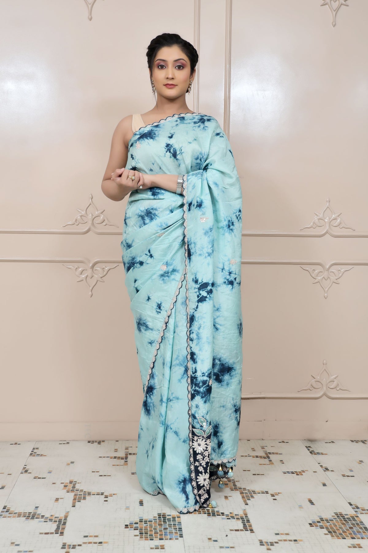 Adorable Blue Colour Tie Dye Embroidered Saree